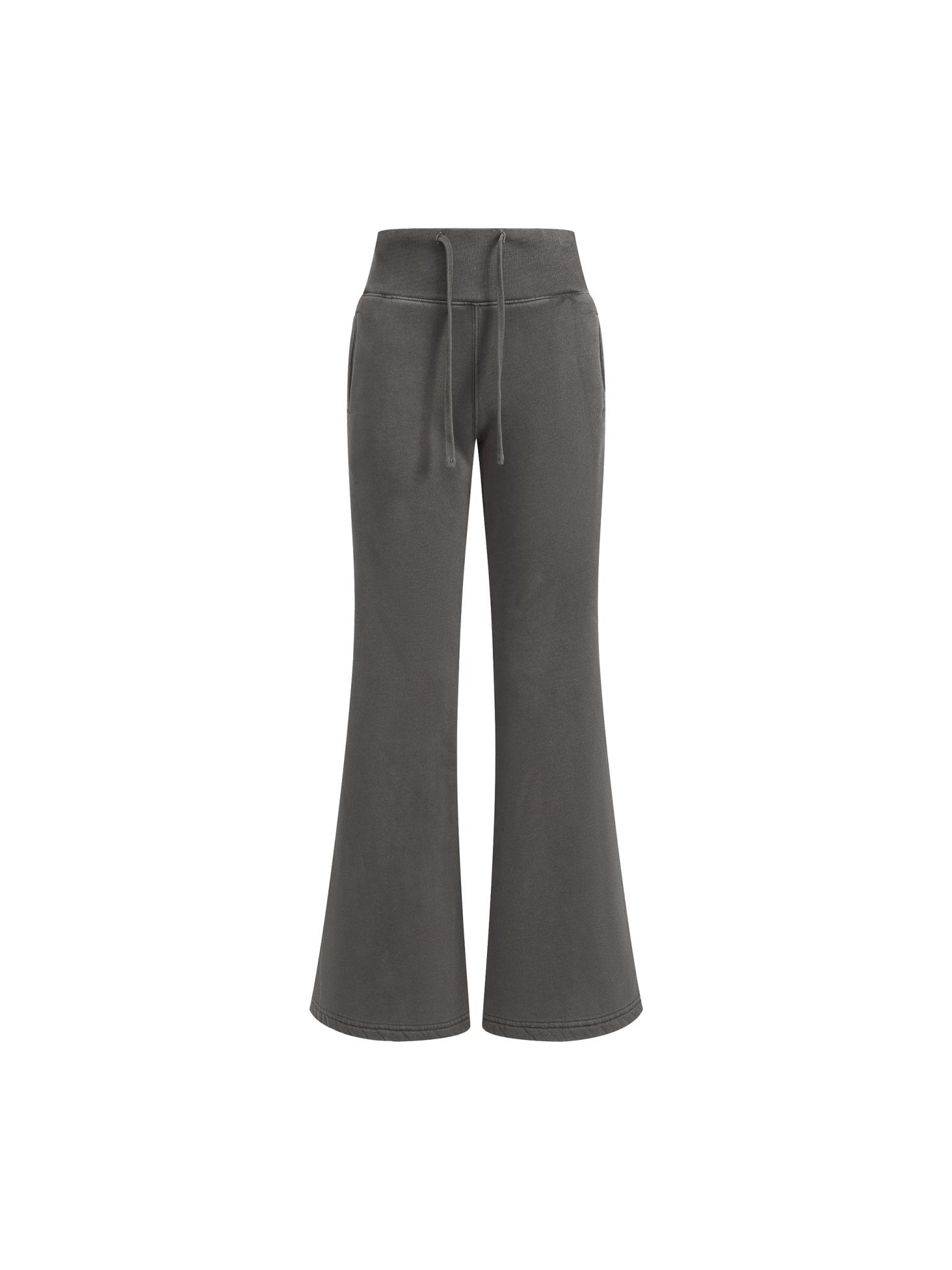 Gray flared pants with a drawstring waist and side pockets, against a white background.