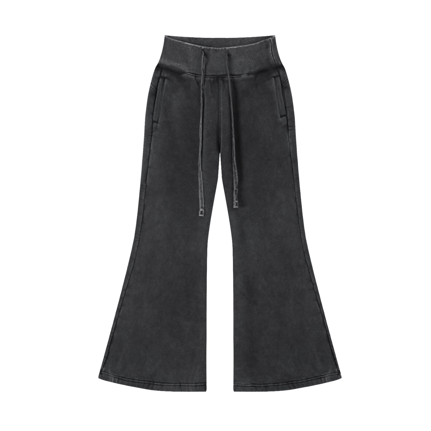 Dark gray wide-leg pants with a drawstring waist and side pockets on a white background.