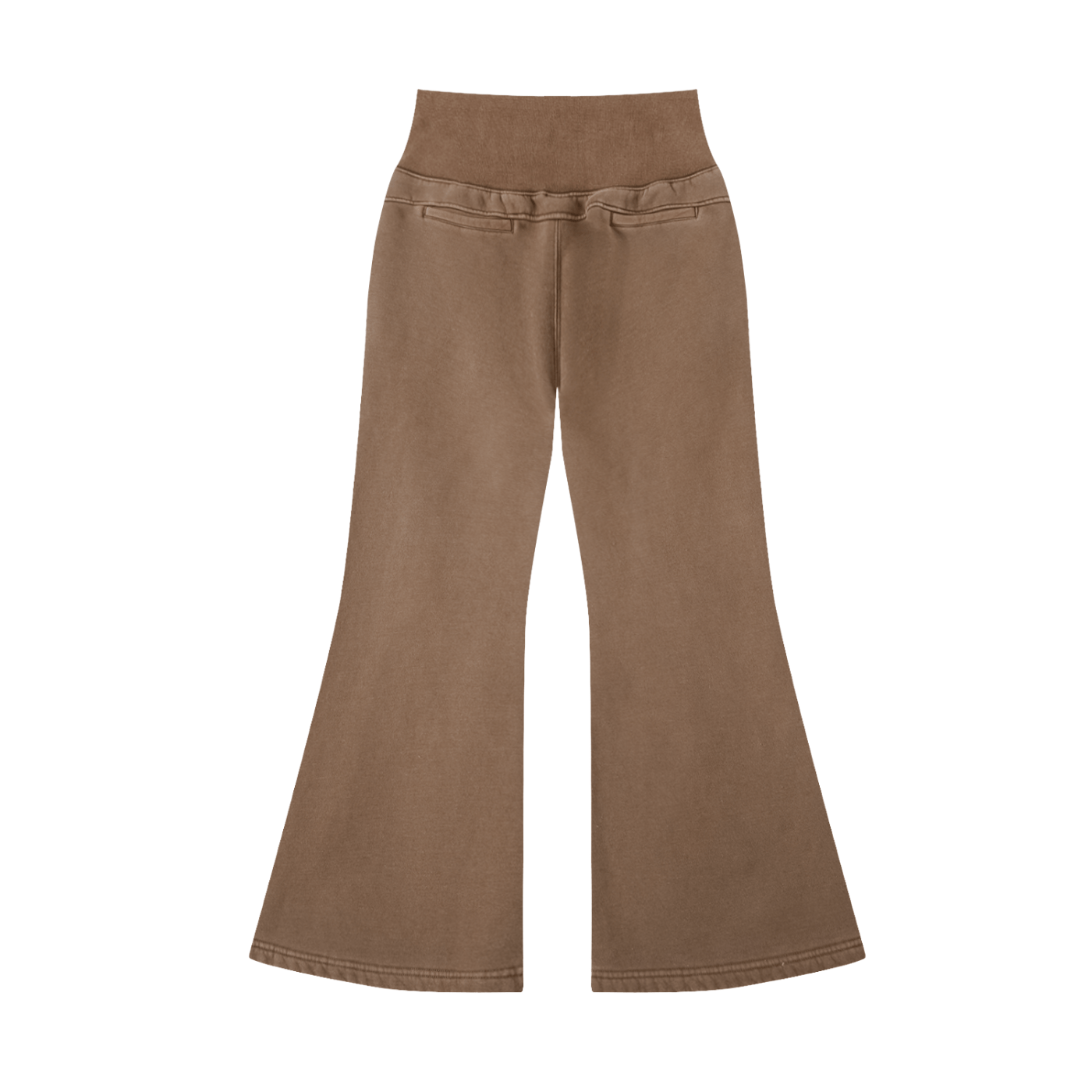 Brown wide-leg pants with a high waist and subtle back pockets, lying flat on a white background.