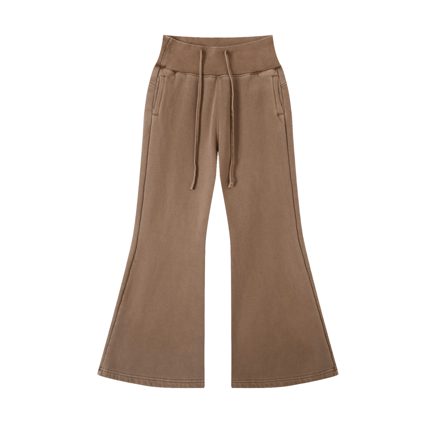 Brown flared pants with a high waist, drawstrings, and side pockets.