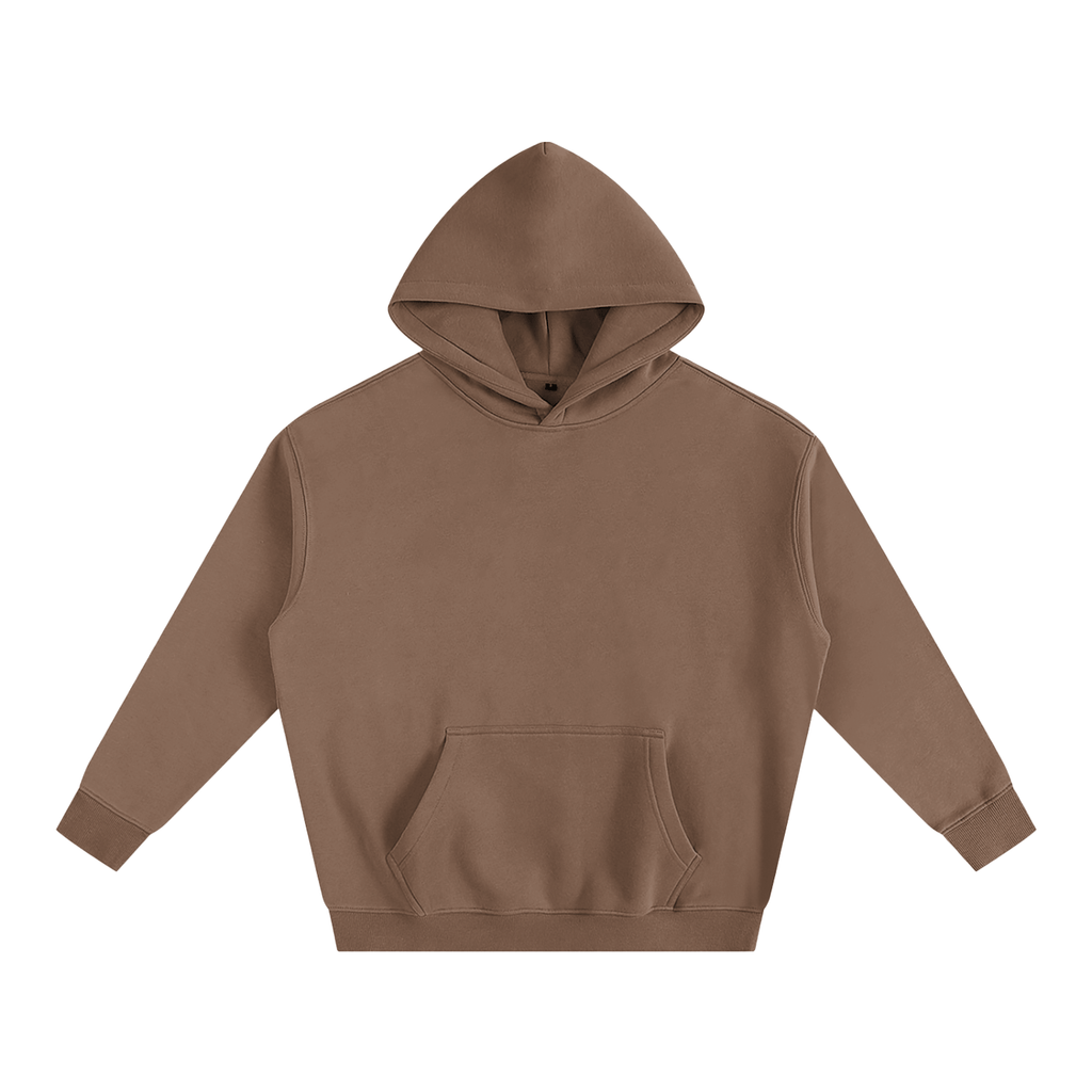 Brown hoodie with long sleeves, front pocket, and a hood. Simple, solid color design.
