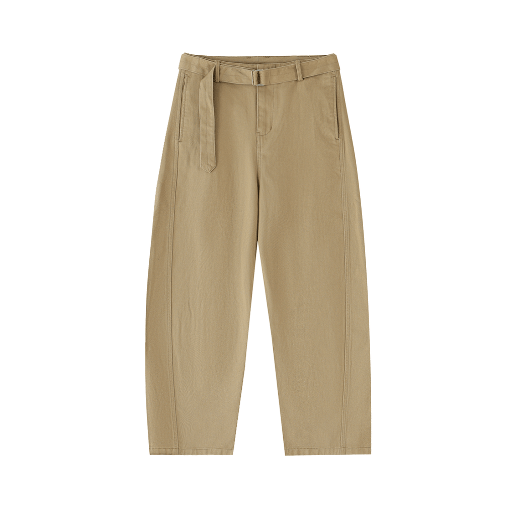 Beige wide-leg pants with a matching belt and side pockets, displayed against a white background.
