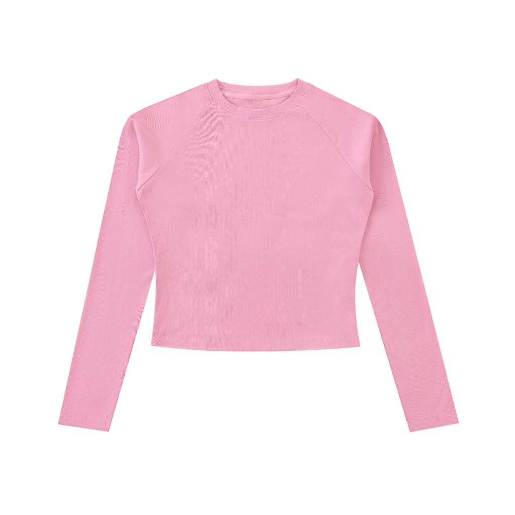Pink long-sleeve shirt with a crew neck on a white background.
