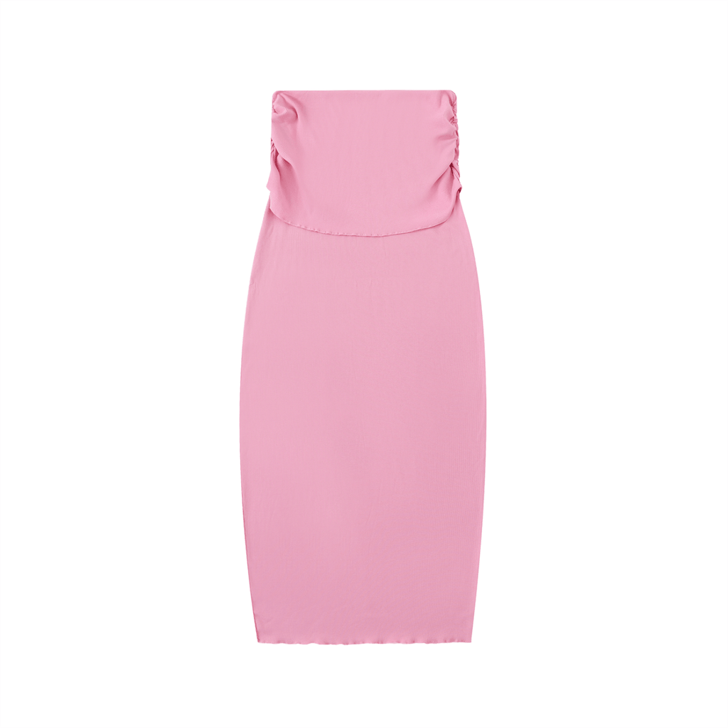 Pink strapless dress with ruched detailing and a fitted silhouette on a white background.