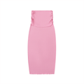 Pink strapless dress with ruched detailing and a fitted silhouette on a white background.