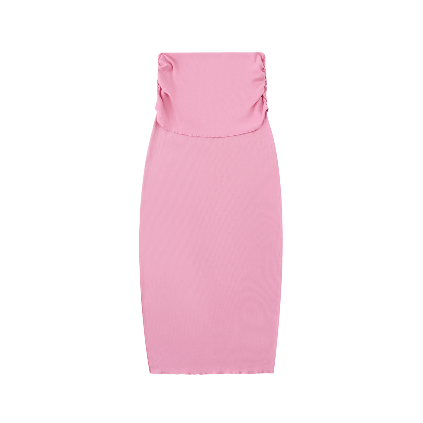 Pink strapless dress with ruched detailing and a fitted silhouette on a white background.