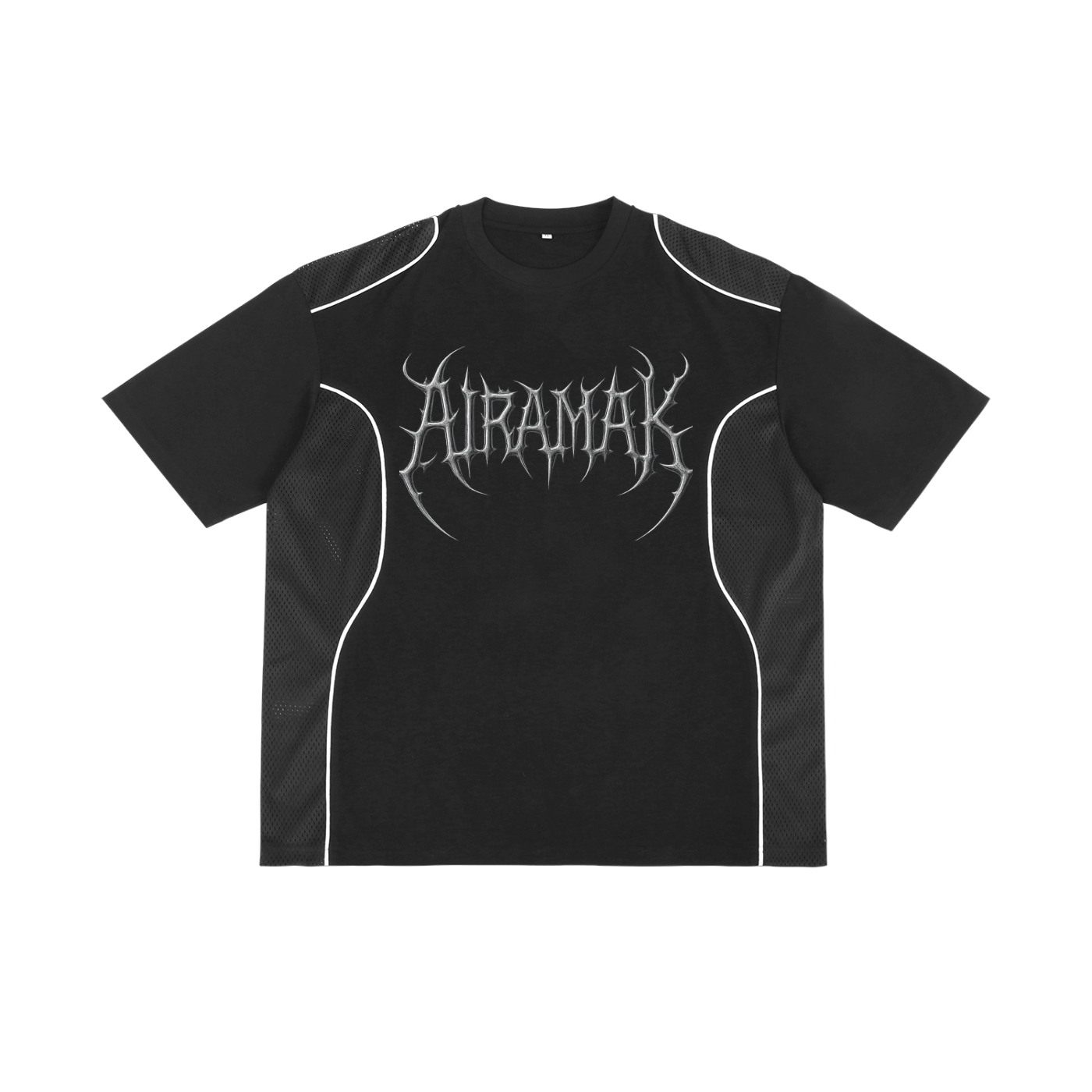 Black T-shirt with silver gothic text in the center, mesh panels, and white piping accents.