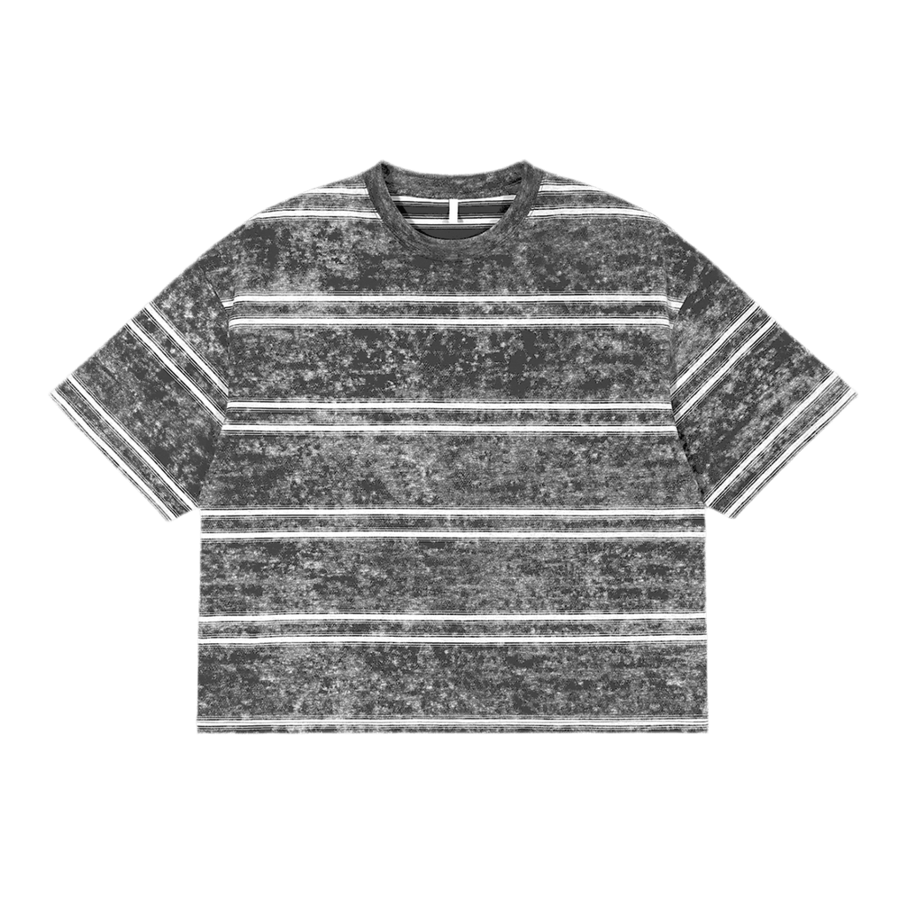 Gray t-shirt with white horizontal stripes and a speckled pattern.