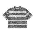 Gray t-shirt with white horizontal stripes and a speckled pattern.