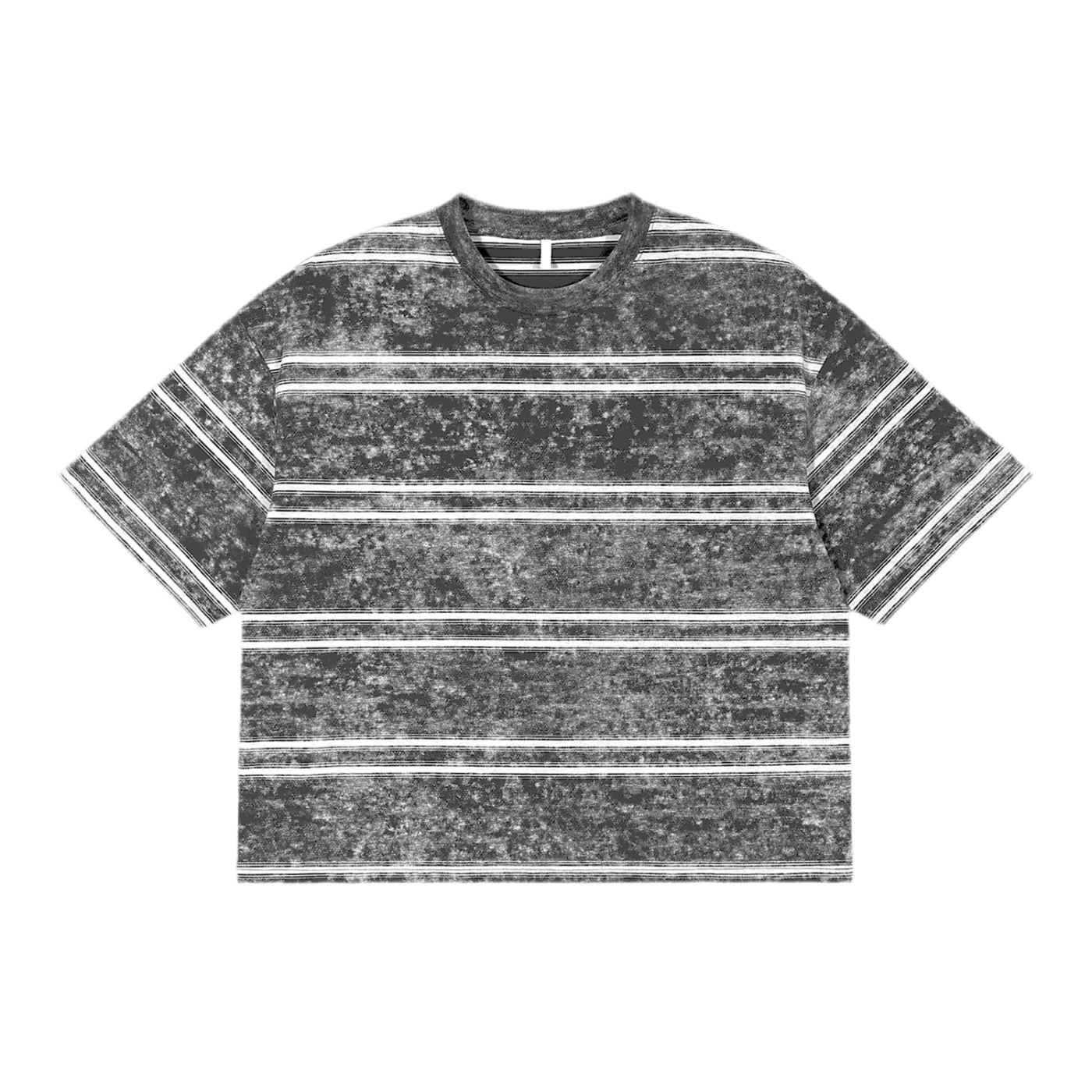 Gray t-shirt with white horizontal stripes and a speckled pattern.