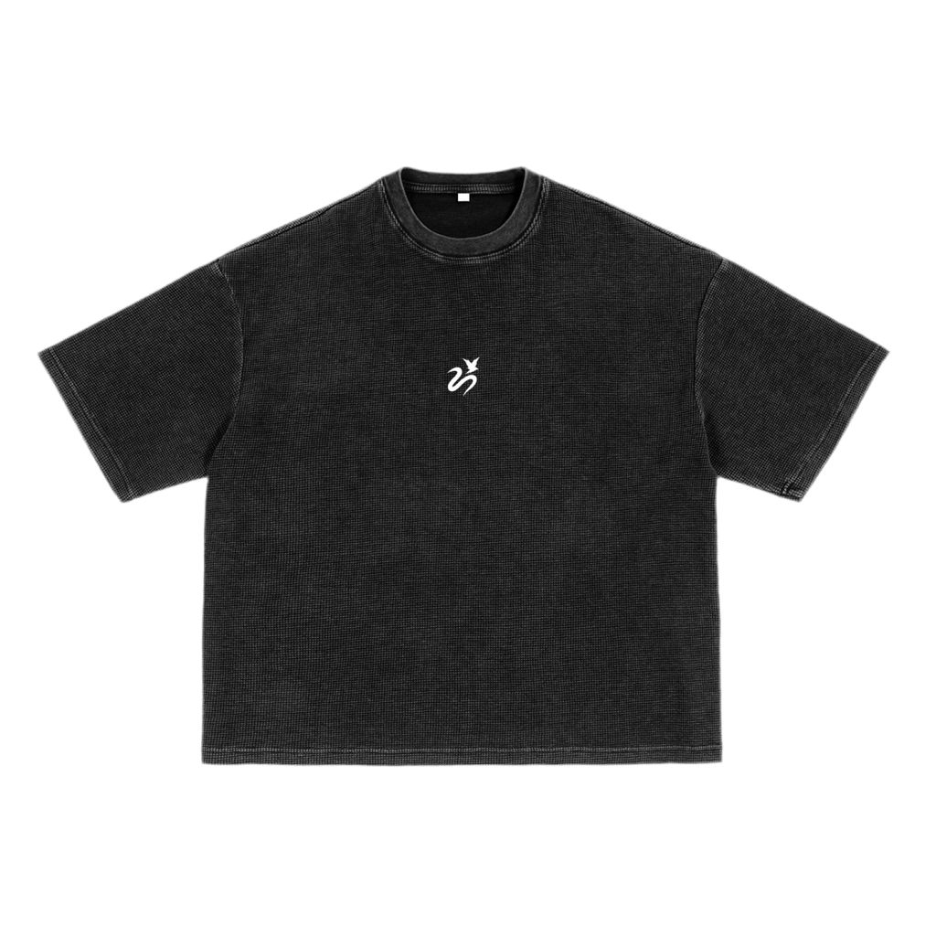 Dark gray T-shirt with a white abstract logo on the chest, featuring short sleeves and a round neck.