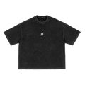 Dark gray T-shirt with a white abstract logo on the chest, featuring short sleeves and a round neck.