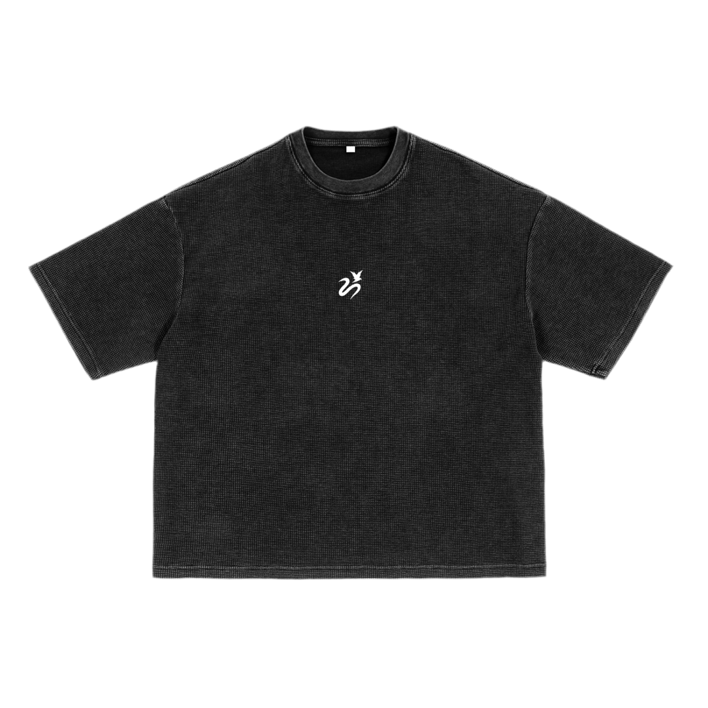 Dark gray T-shirt with a white abstract logo on the chest, featuring short sleeves and a round neck.