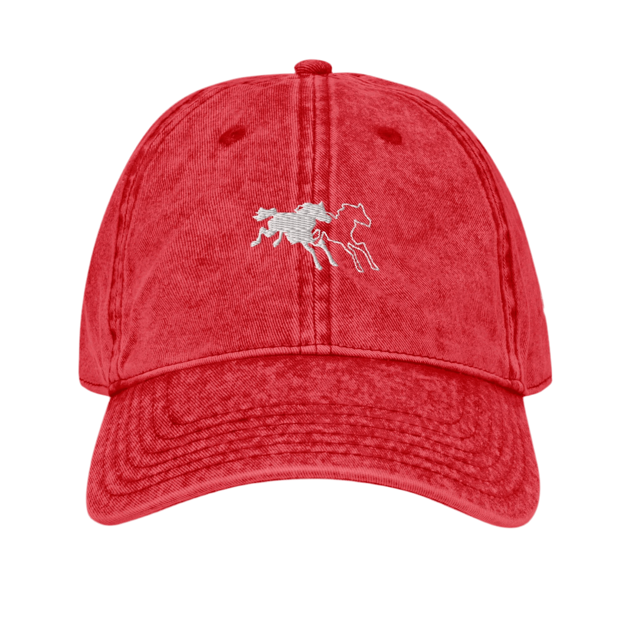 Red cap with embroidered white horses, curved brim, and visible stitching.
