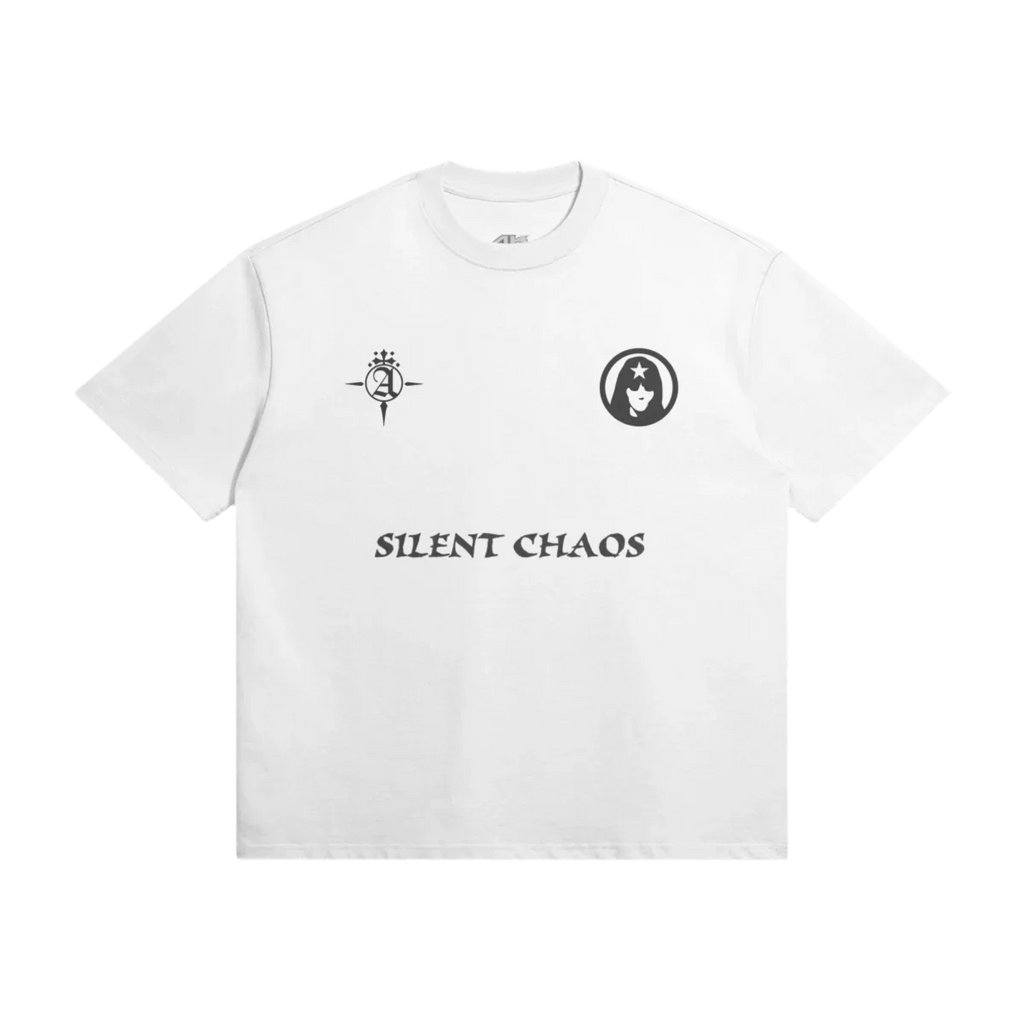 White T-shirt with black symbols and "SILENT CHAOS" text on the front, featuring a star-circled icon.