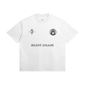 White T-shirt with black symbols and "SILENT CHAOS" text on the front, featuring a star-circled icon.