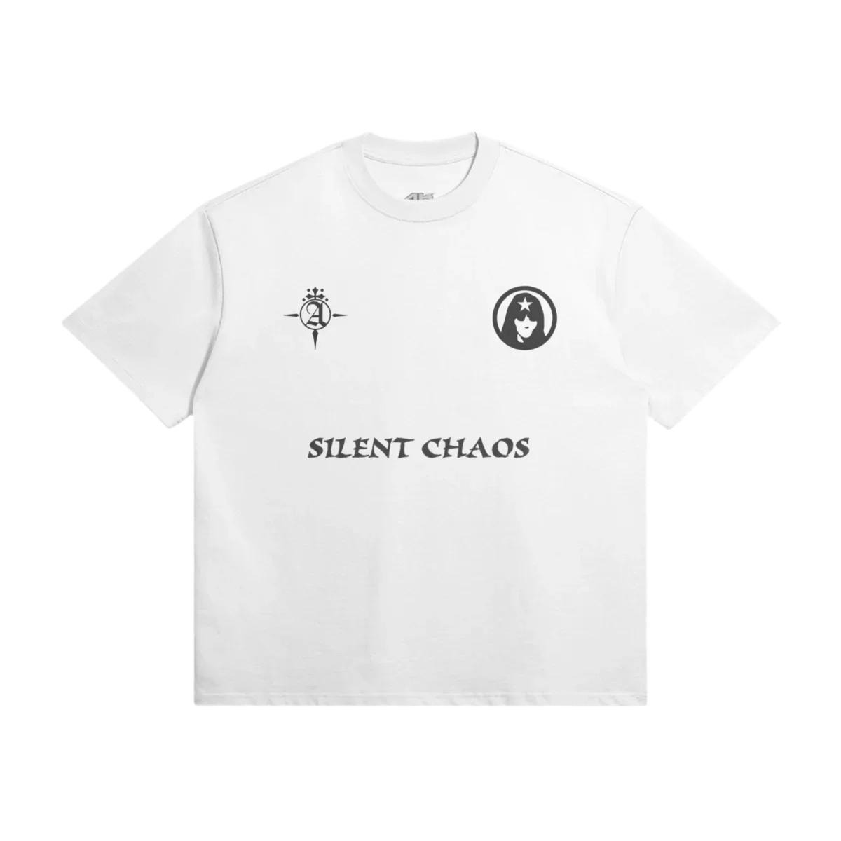 White T-shirt with black symbols and "SILENT CHAOS" text on the front, featuring a star-circled icon.