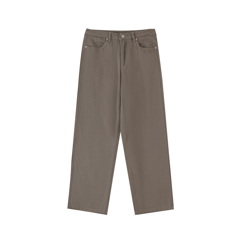Gray wide-leg pants with a button closure, belt loops, and five pockets, isolated on white background.