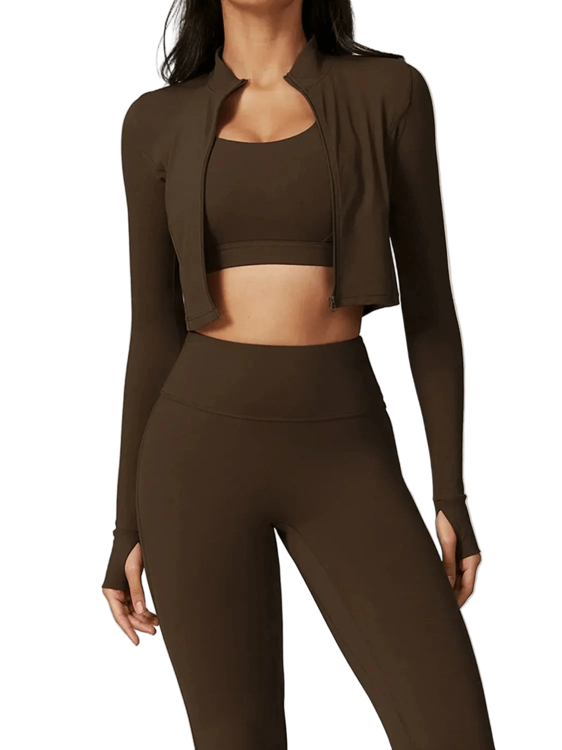 Woman in a brown sports set with a long-sleeve zip jacket and high-waisted leggings.