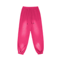 Bright pink sweatpants with an elastic waistband, drawstring, and cuffed ankles on a white background.