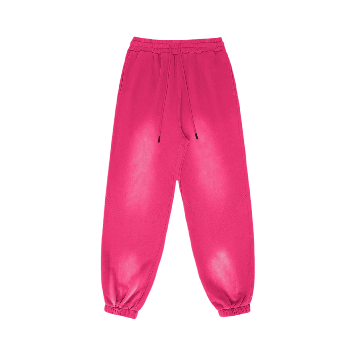 Bright pink sweatpants with an elastic waistband, drawstring, and cuffed ankles on a white background.