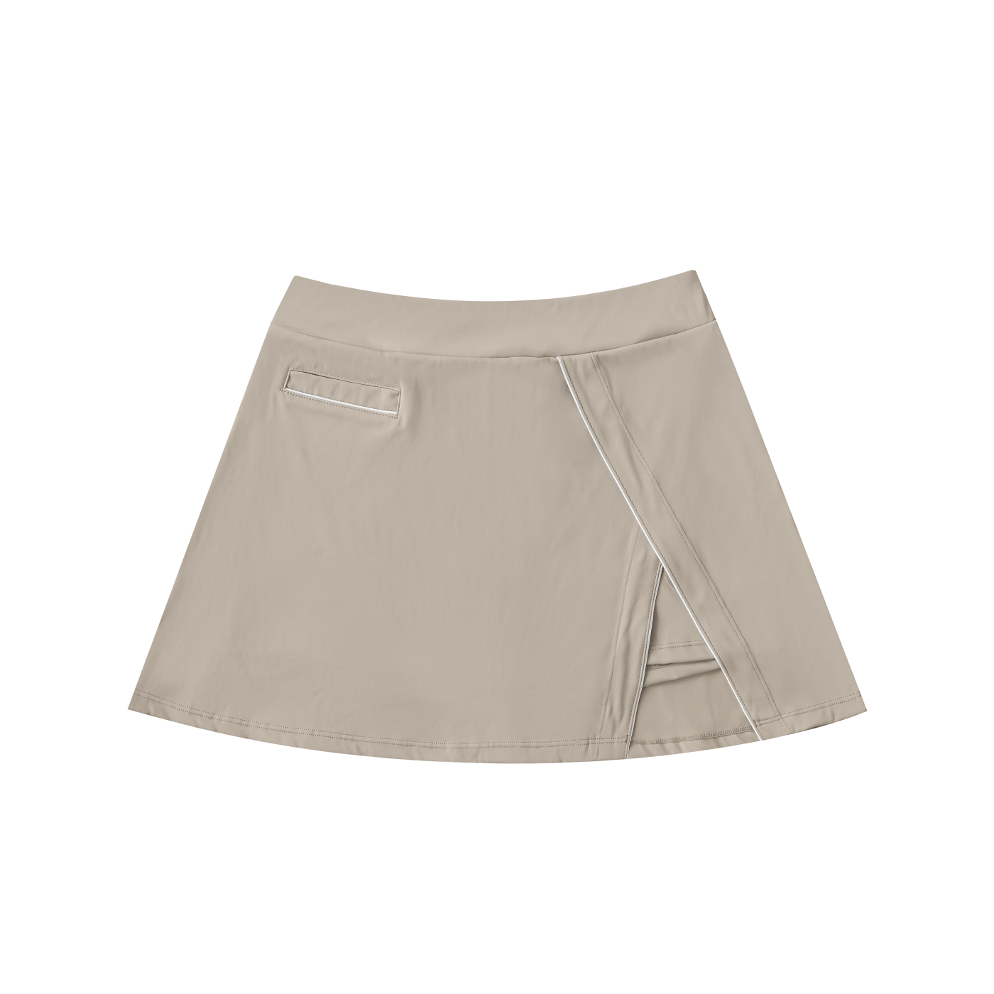 Beige A-line skirt with a pocket and overlapping panel detail, featuring white piping accents.