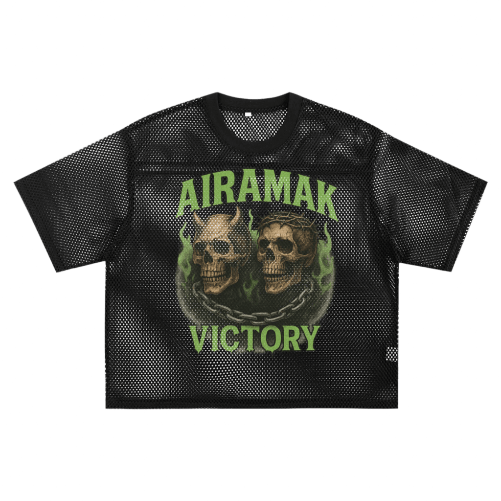 Black mesh t-shirt with green "AIRAMAK VICTORY" text and two skulls with chains and flames.