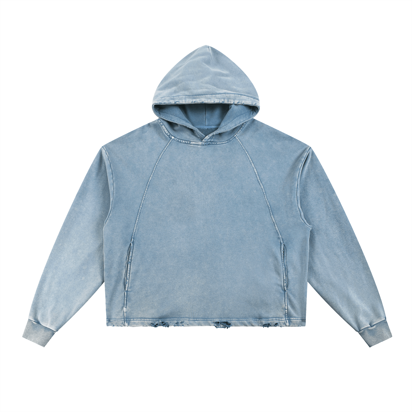 Light blue faded hoodie with a hood, raglan sleeves, and frayed hem detailing.