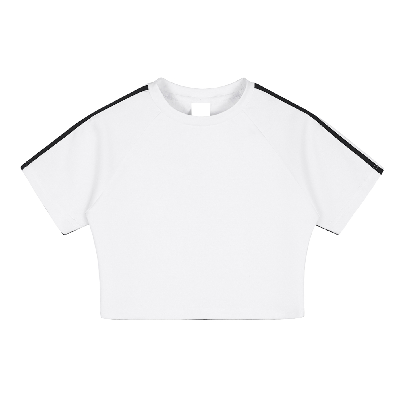 White cropped T-shirt with black stripes on sleeves, short sleeves, and round neckline.